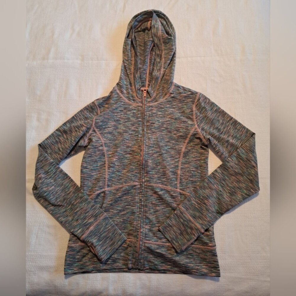 Zella Girl size Large or 14 full zip hoodie teal, gray & peach 2 pockets EUC
